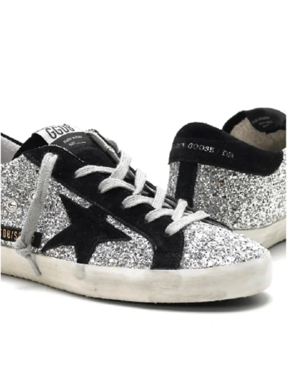 Golden Goose Silver Glitter Sneaker with Black Star and Trim - Picture 3 of 3